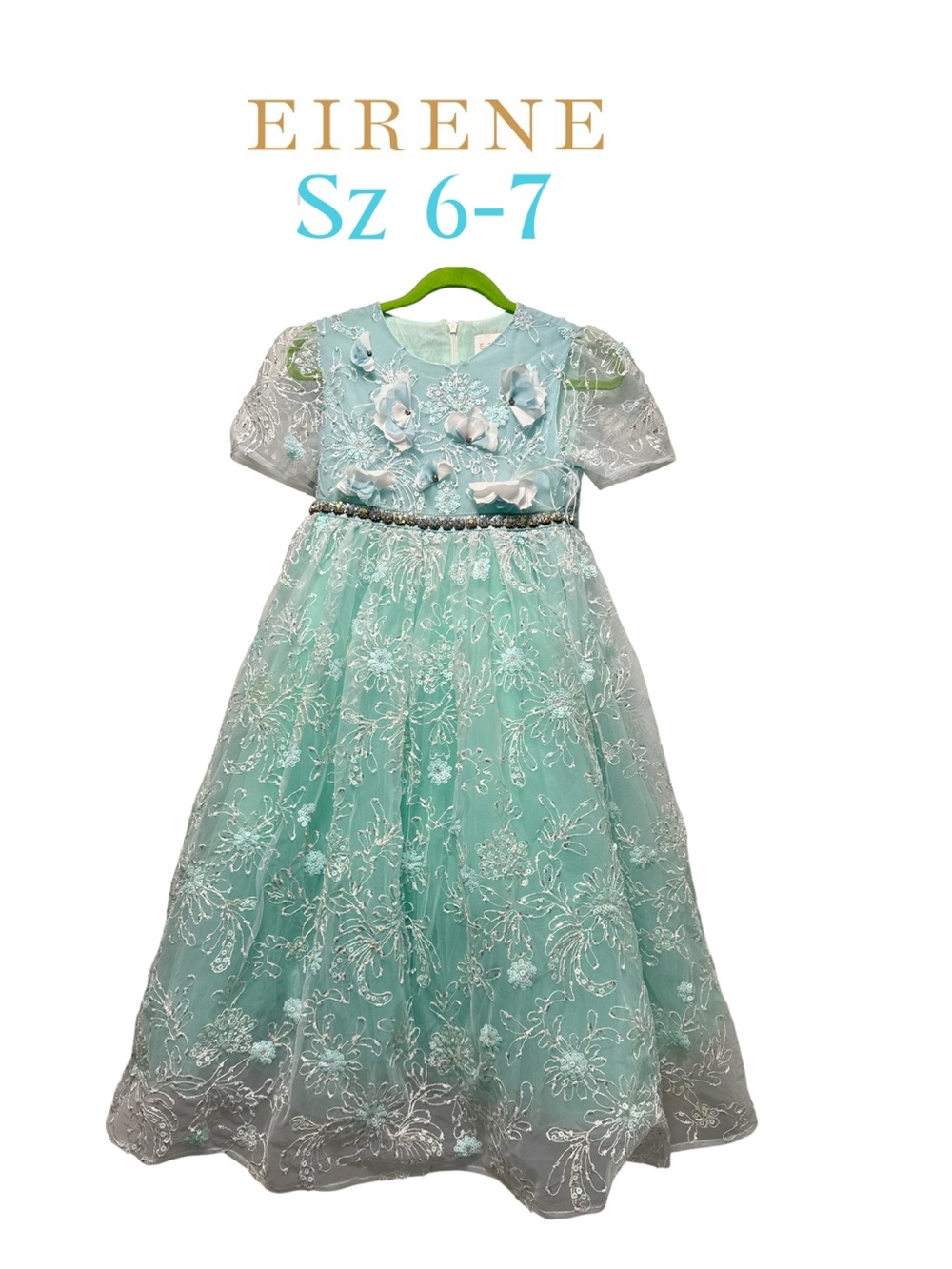 EIRENE Luxury Mint Green Sequin & 3D Floral Social Occasion Dress